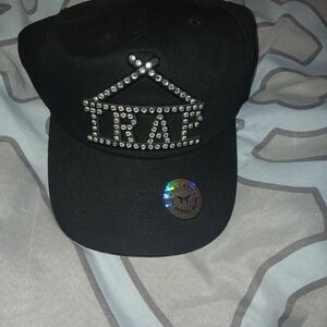 Black Snapback Hat with Rhinestone 'TRAP' Logo